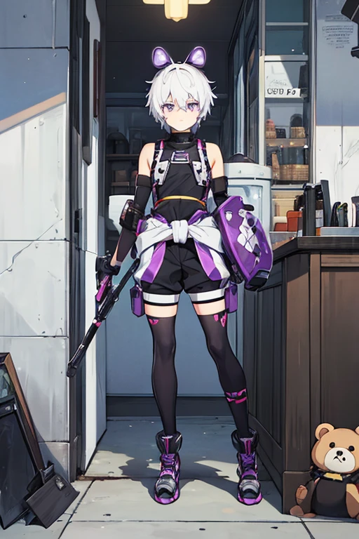 man, gay, short white hair bear ears,purple eyes, motocross goggles , with robotic left arm, black sleeveless shirt, Morados shorts, long tights, with a sweater around my waist, long black gloves, black boots, with a spiked collar