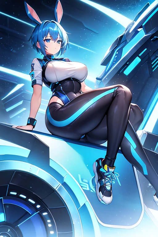 1girl, wide hips, large breasts, wide hips, blue hair, short hair, very short hair, blue eyes, bodysuit, black bodysuit, futuristic, machinery, science-fiction, tech, shoes, sneakers, neon trim, blue neon trim, full body, bunny ears, rabbit ears, ass, sitting