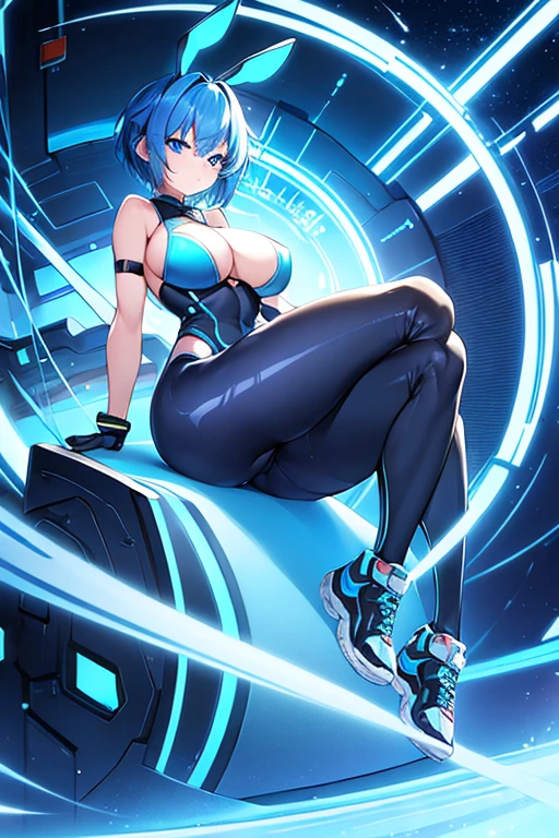 1girl, wide hips, large breasts, wide hips, blue hair, short hair, very short hair, blue eyes, bodysuit, black bodysuit, futuristic, machinery, science-fiction, tech, shoes, sneakers, neon trim, blue neon trim, full body, bunny ears, rabbit ears, ass, sitting