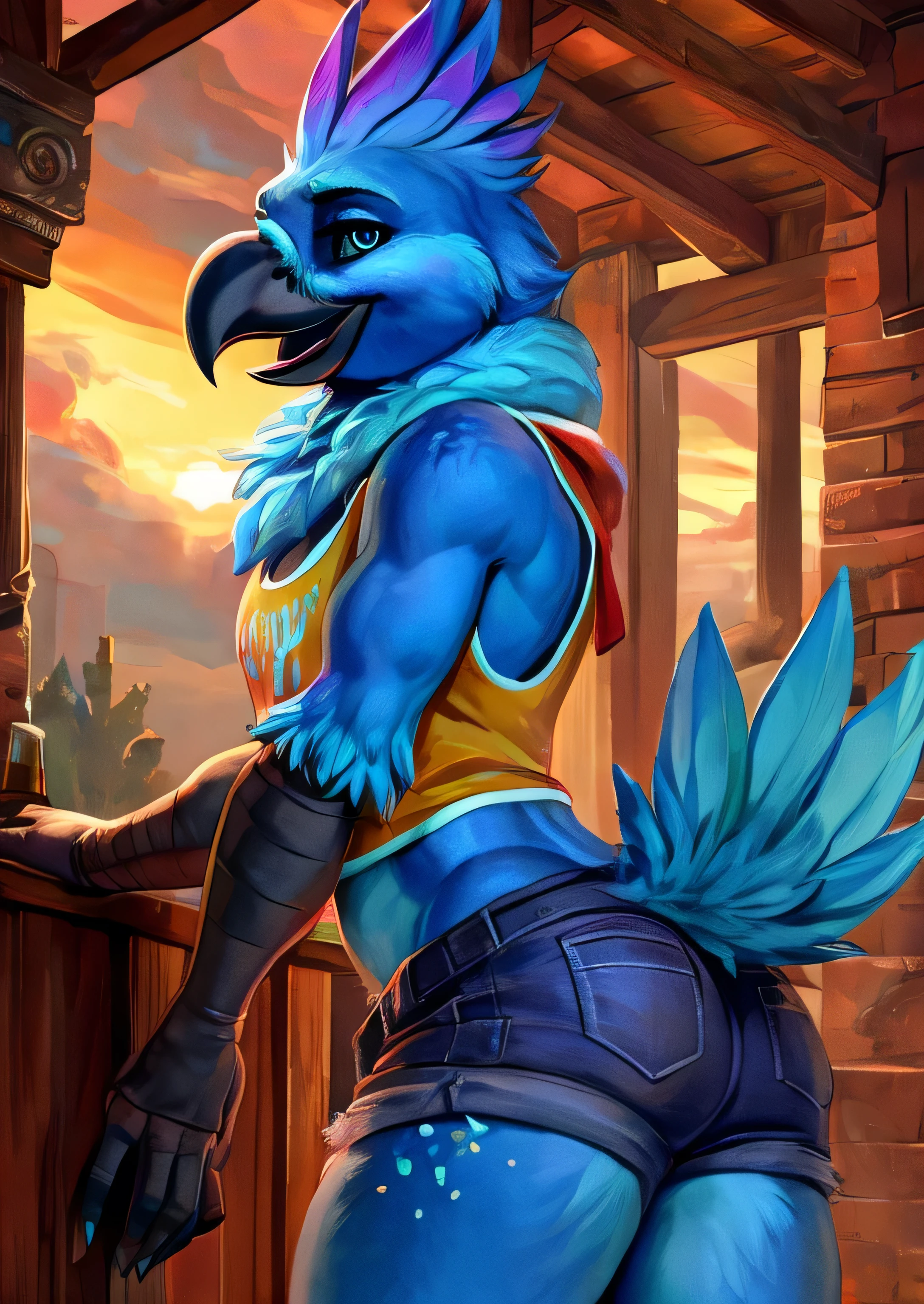 solo male Coby, (((solo))), ((realistic)), cockatiel, anthro, furry, avian, ((clear cyan eyes)), black sclera, long cyan feather mohawk, black beak, blue body with cyan accents, bird feather tail, black bird arms, cyan claws, ((cyan glitter dots on hips)), neck tuft, (bulge,) crotch tuft, ((half-length portrait)), BREAK, (detailed Colin Campbell Cooper blue bird), (feminine, curvy), (((slim))), (skinny), twink, gay, ass, (detailed Bonifasko lighting), (chibi:1.2), (detailed skin), BREAK, (dynamic pose, seductive pose:1.3), (outdoors, ghetto basket ball court at sunset) ((denim shorts, crop top, sneakers, backwards cap, arm warmers)), (cinematic lighting), ((detailed background)), (((three-quarter view))), (half body shadow), (happy, wide eyes, cute), (ass focus), [backlighting], [crepuscular ray], [detailed ambient light], [gray natural lighting], [ambient light on the belly], [higher feather detail], [fluffy feather texture], [realistic proportions], [explict content], [sharp focus], (questionable content), (shaded), ((masterpiece)), BREAK