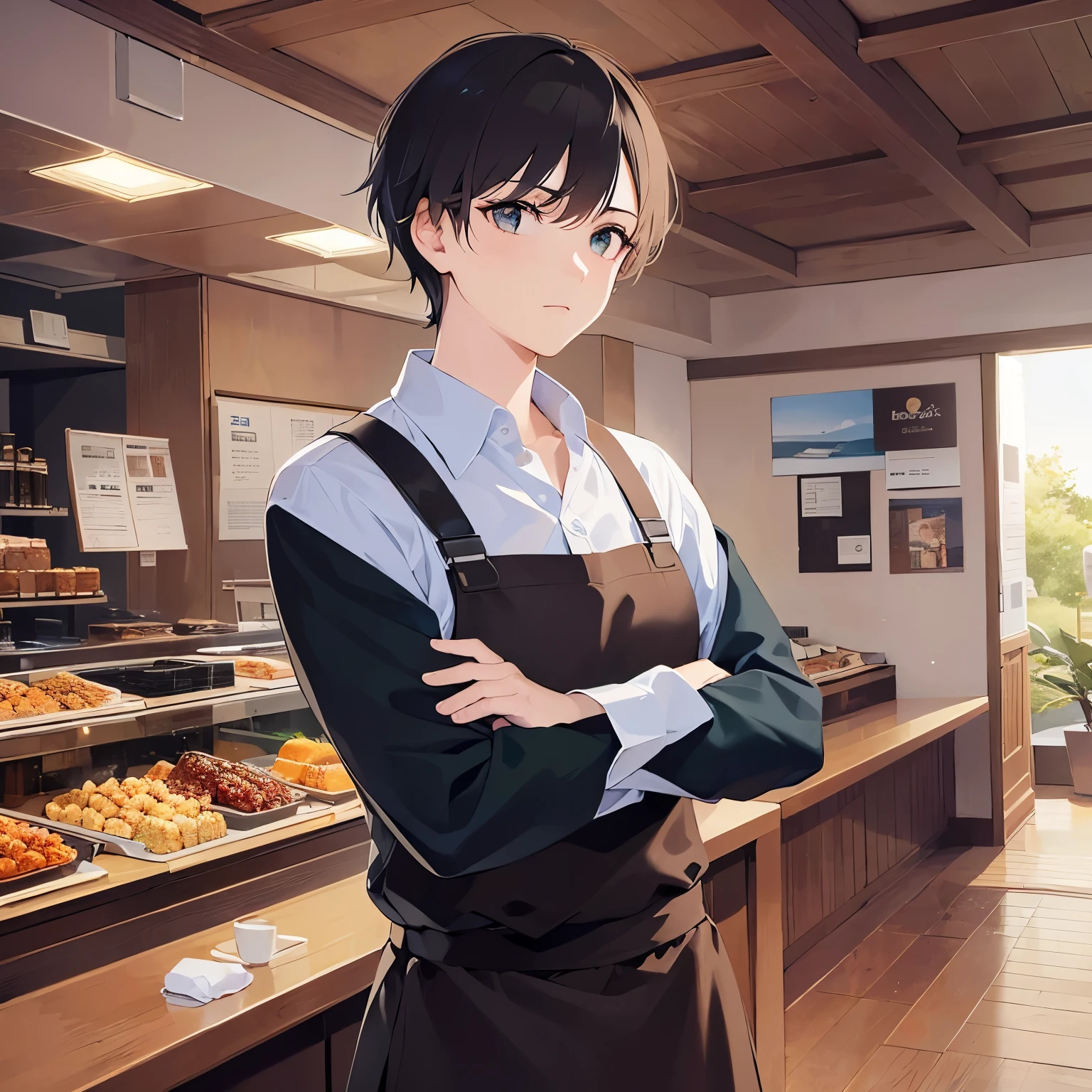 (looking away:1.5),Side shot、masterpiece、Highest quality、Arms crossed、
BREAK (25-year-old male:1.5) and (Mahogany brown short hair) and (Green Eyes)
BREAK,Black long sleeve shirt、apron、
frown, Inside the restaurant、