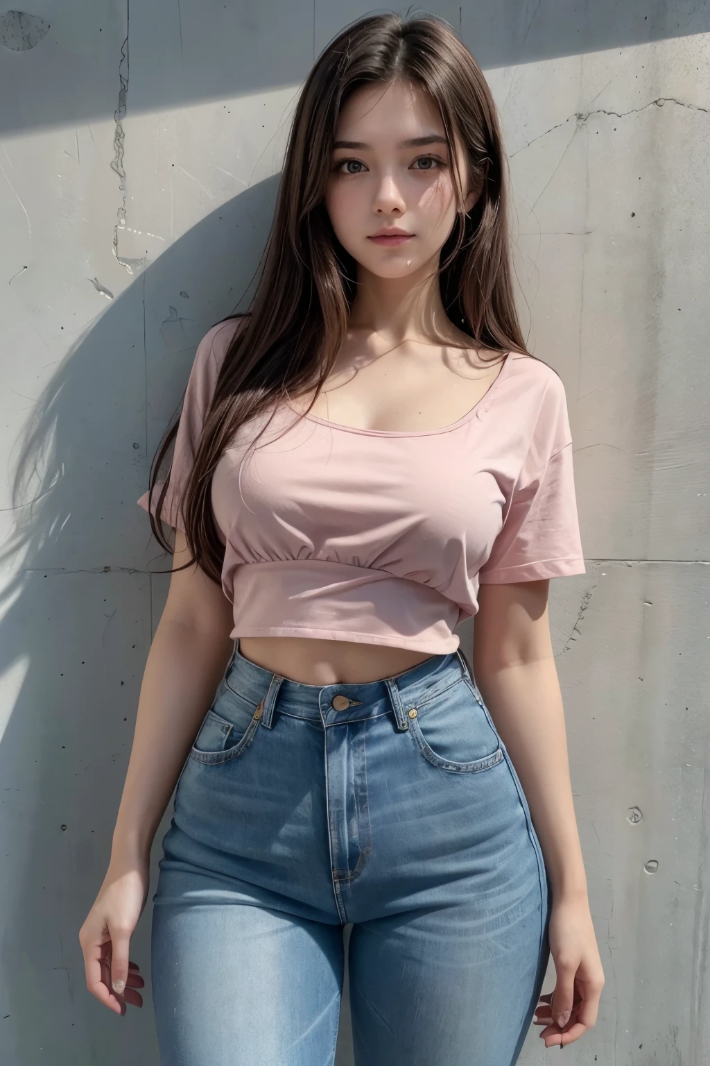 Beautiful 18-year-old brunette girl wearing high-waisted jeans and a black belt and wearing a short blouse with a pink strap showing her navel 