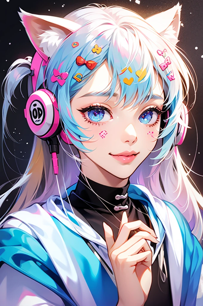 Girl wearing cat ear headphones、Background is white、smile、The whole thing goes in、Her hair color is brown.