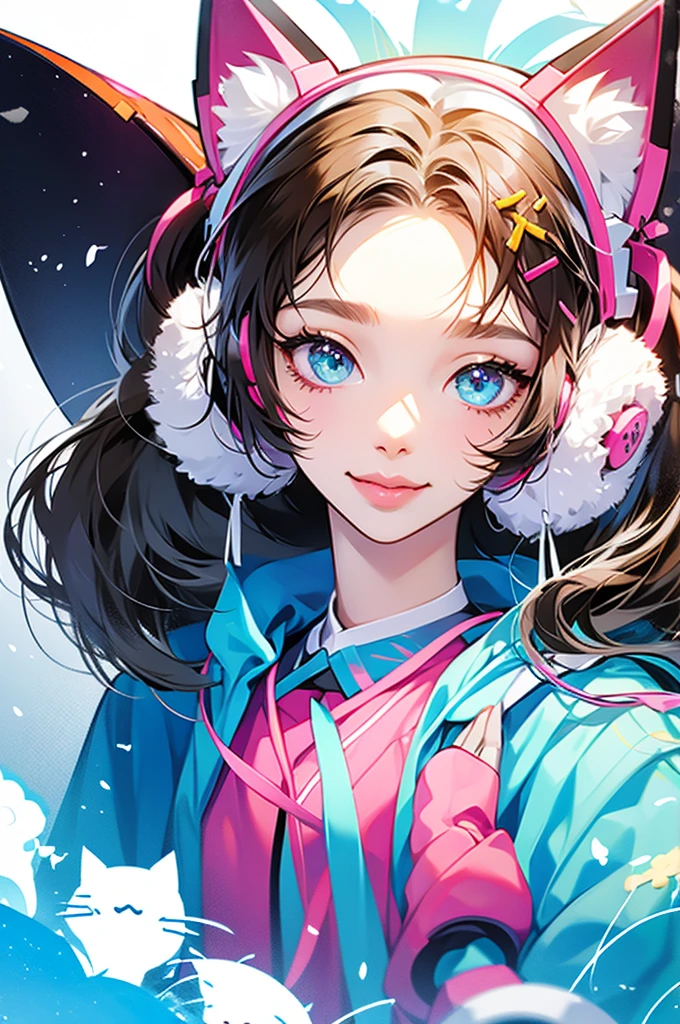 Girl wearing cat ear headphones、Background is white、smile、The whole thing goes in、Her hair color is brown.