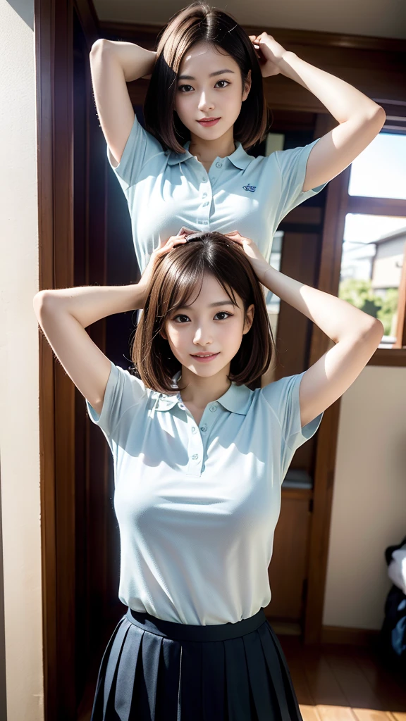 ((In a bright hallway)), Mischievous Smile、(Realistic、Realistic:1.37)、(masterpiece)、(Highest quality:1.4)、(Ultra-high resolution:1.2)、(RAW Photos:1.2)、(Sharp focus:1.3)、(stand:1.2)、elegant、(Whole Body Ezbian:1.2)、(A girl wearing a polo shirt and a pleated skirt:1.3)、((Hands above head:1.5))、Very cute Japanese girl、(A faint smile:1.3)、(Makes hair shine:1.3)、Short pleated skirt、Outside shot of the hallway、Beautiful and delicate eyes、 View your audience、Shooting from below, looking up、((Secretly photographing underwear under a skirt))、Fluorescent blue panties:1.5