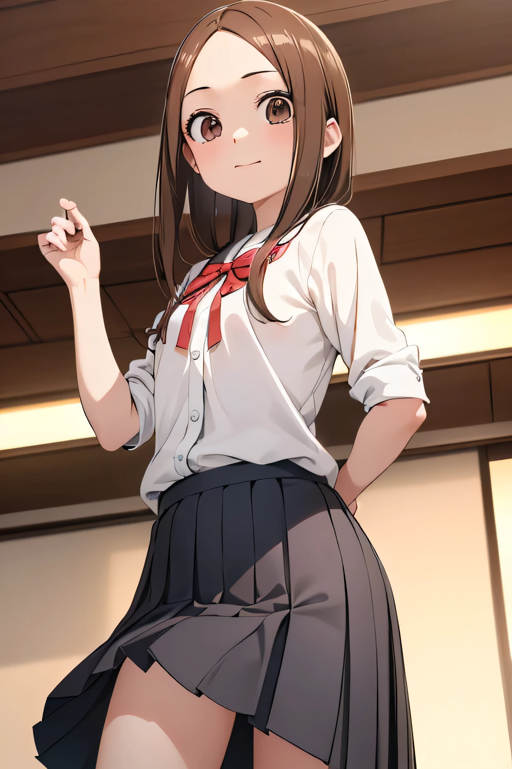 mikoiino, miko iino, blunt bangs, (brown eyes:1.5), brown hair, hair tie, long hair, low twintails, red ribbon, ribbon, twintails, (small breast:1.2),
BREAK black dress, dress, pinafore dress, school uniform, shirt, short sleeves, shuuchiin academy school uniform, white shirt, armband,
BREAK looking at viewer,
BREAK indoors, classroom,
BREAK (masterpiece:1.2), best quality, high resolution, unity 8k wallpaper, (illustration:0.8), (beautiful detailed eyes:1.6), extremely detailed face, perfect lighting, extremely detailed CG, (perfect hands, perfect anatomy),(white panties:1.5), (skrit lift:1.5), standing, small breasts, (short, tiny, little:1.5), blush, embarrassed,from below, cowboy shot, dutch angle