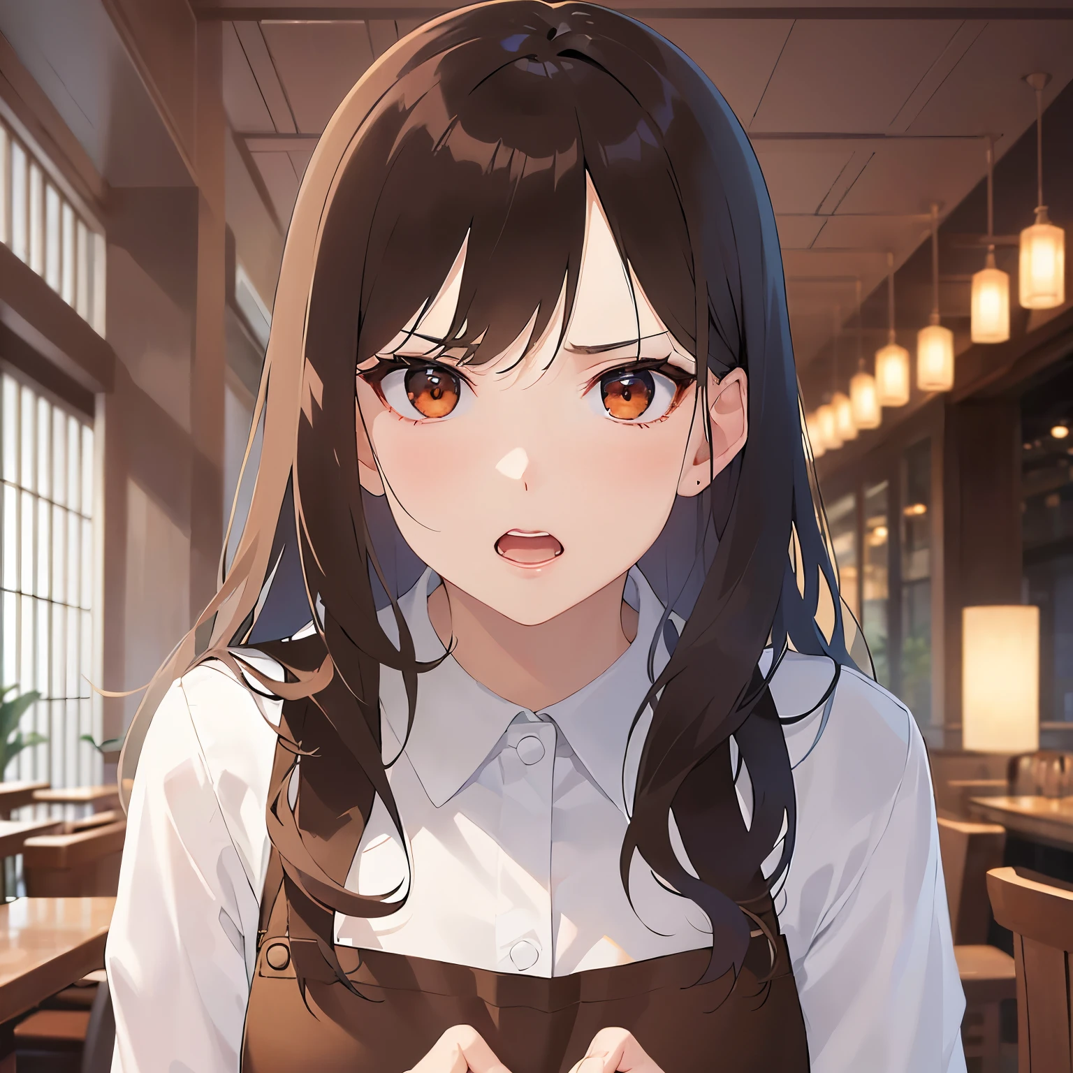 （looking away:1.5）,Upper Body,Looking up、Hands placed in front of chest、
 Realistic, real person, (pale skin: 1.2), RAW photo, photorealistic, shiny skin, shiny hair、
(A 25-year-old woman with medium-length hair and bangs) and (wavy hair) and (brown hair) and (orange eyes) 、
angry,open mouth,Wearing a white long-sleeved shirt 、Brown apron、The background is the interior of a restaurant at night.