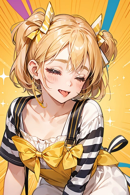 A striped girl dog with her eyes closed and her tongue sticking out. Her stripes are peach colored with one yellow stripe through the centre. One of her ears flop over. She wears a yellow bow that adorns her left ear. SPARKLE; GLITTER