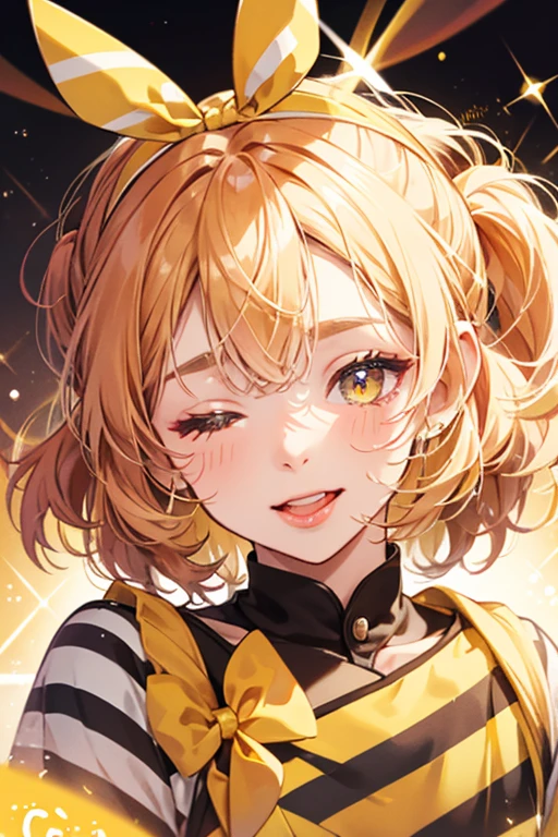 A striped girl dog with her eyes closed and her tongue sticking out. Her stripes are peach colored with one yellow stripe through the centre. One of her ears flop over. She wears a yellow bow that adorns her left ear. SPARKLE; GLITTER