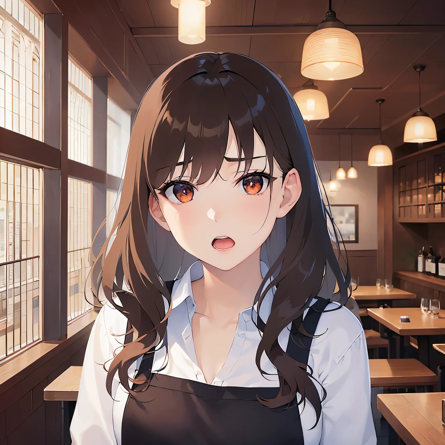 (looking away:1.5),Upper Body,Looking up、Hands placed in front of chest、
Realistic, real person, (pale skin: 1.2), RAW photo, photorealistic, shiny skin, shiny hair、
(A 25-year-old woman with medium-length hair and bangs) and (wavy hair) and (brown hair) and (orange eyes) 、
angry,open mouth,Wearing a white long-sleeved shirt 、Brown apron、The background is the interior of a restaurant at night.