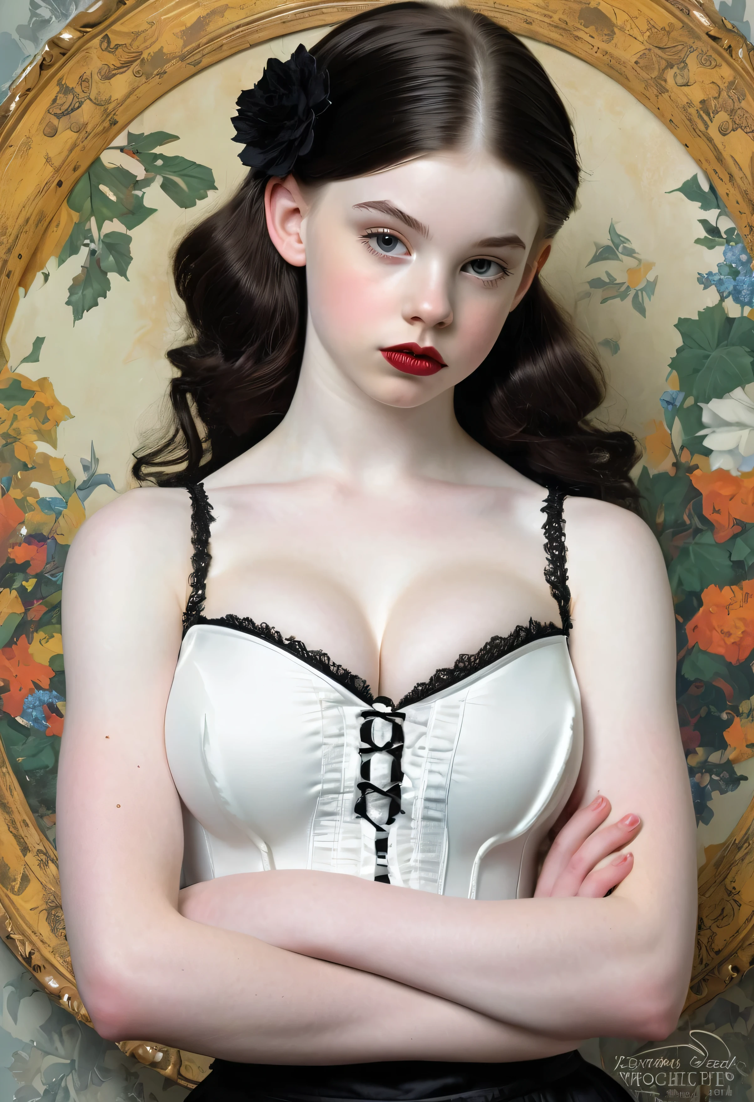 pale skin muscular goth brunette 13 year old girl huge breasts in the style of Norman Rockwell