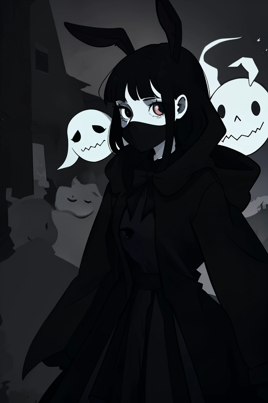 In the realm of grimdark art, there exists a chilling depiction of a cartoon drawing of a girl. Dressed in a stark black dress and coat, her silhouette is accentuated against the ominous background. Her gapmoe yandere features are exaggerated, with a pair of large, deep-set black eyes, shaped like ( ( deep black eyes ) ), that seem to pierce the very soul. A series of long, floppy rabbit ears adorn her head, adding an unsettling twist to her already eerie appearance.

The girl is a pale young ghost, her ethereal form barely discernible in the dimly lit, faceless world of dark,