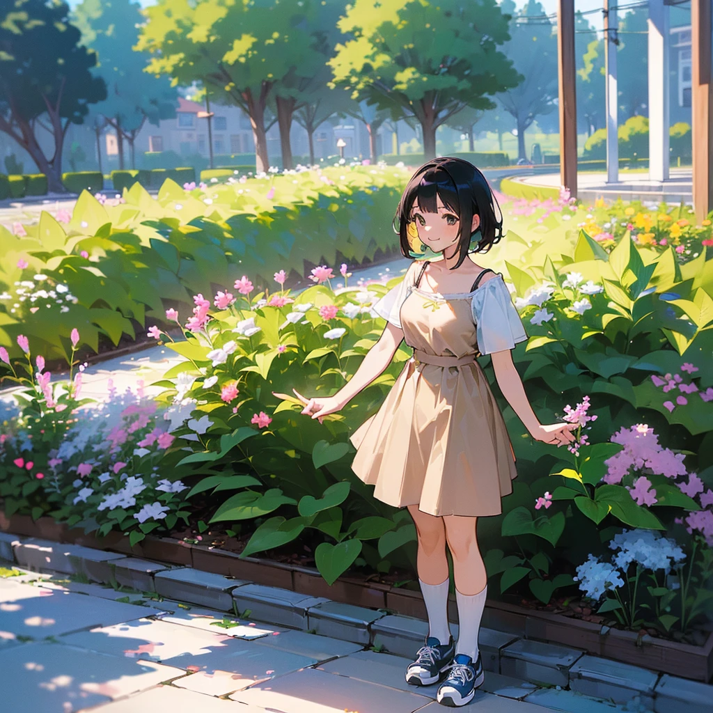 (high quality, High resolution, Very detailed, reality:1.37), Peaceful atmosphere, (Outdoor, garden), Teenage girl standing alone, (my breasts are big.), Beautiful details, Cute Smile, (Black bob hair), camisole, Brown Skirt, Blue socks, sneakers.