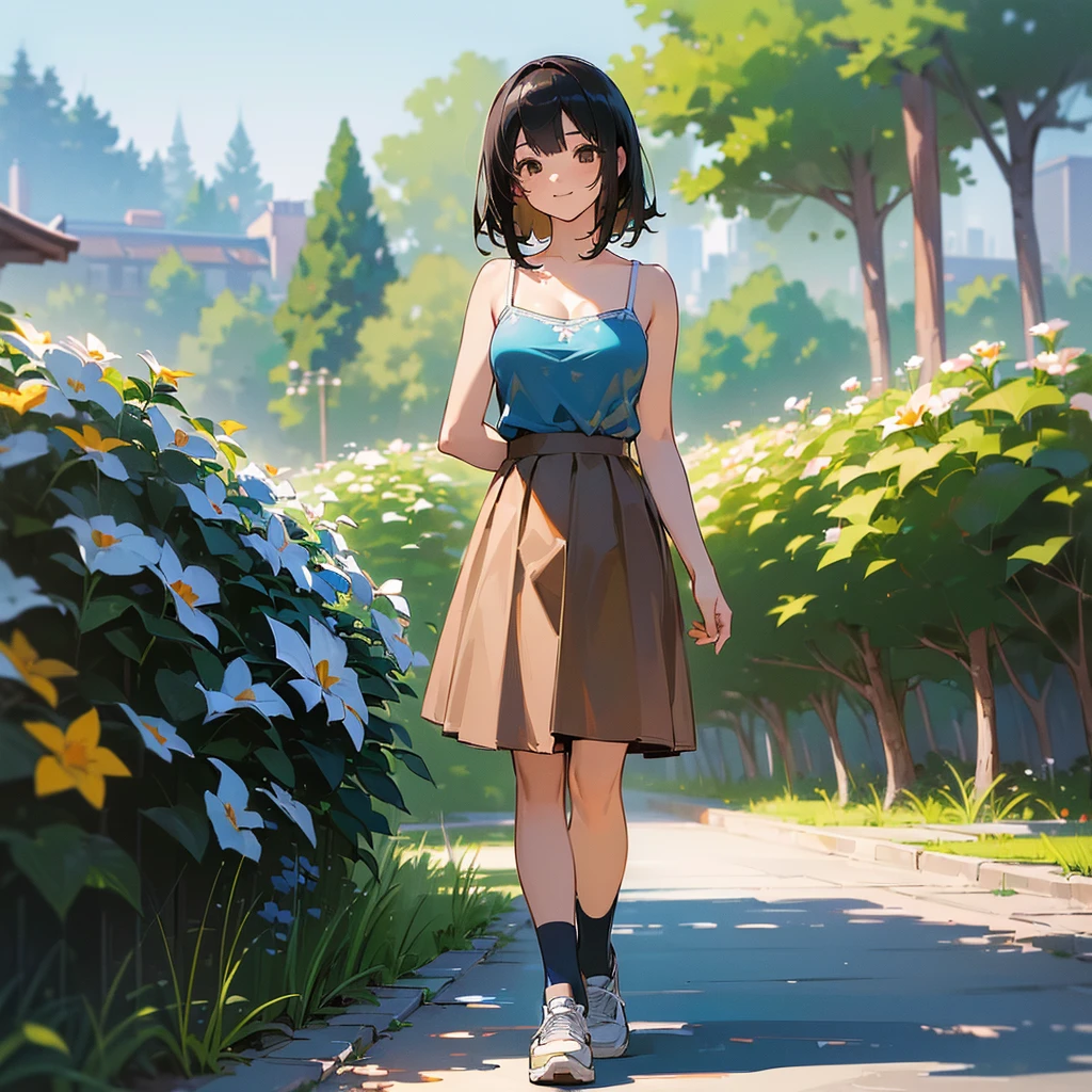 (high quality, High resolution, Very detailed, reality:1.37), Peaceful atmosphere, (Outdoor, garden), Teenage girl standing alone, (my breasts are big.), Beautiful details, Cute Smile, (Black bob hair), camisole, Brown Skirt, Blue socks, sneakers.