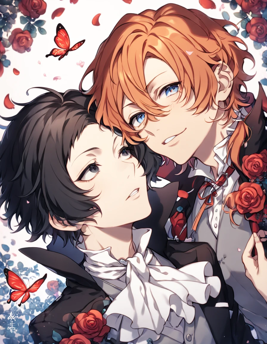 absurdres, highres, ultra detailed, HDR, master piece, best quality, extremely detailed, Akutagawa Ryuonosuke, black hair, expressive gray eyes, Bungou Stray Dogs, Nakahara Chuuya, orange hair, expressive blue eyes, two sexy men together, yaoi, gay couple, handsome, black coat with high collar, white shirt, gray vest, white cravat, cross, red butterflies, petals, magical, red roses, fantasy