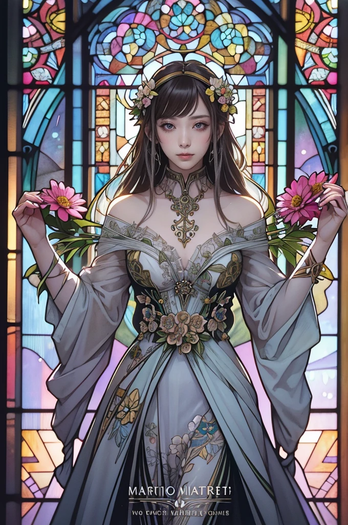 Depicts a beautiful woman with flowers in her hair、Stained glass, Highly detailed watercolor painting, The style of Alfons Maria Mucha and Gustav Kirmut, Art Nouveau accents, Fairy Princess, Anthropomorphic woman, Female figure, Detailed cover artwork, As the Flower Goddess, Alphonse Mucha, Gustav Klimt, Pale skin, Marble sculpture, society, Gothic art, Art Nouveau, Behance Contest Winner