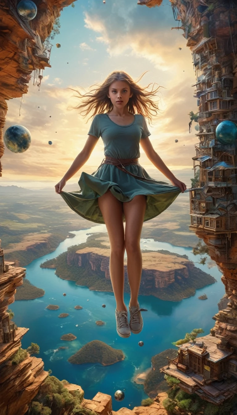 grand and complex fantasy scene of Australian girl in Fractured Reality: A landscape where the laws of physics are broken, where objects defy gravity and space folds in on itself. with many epic details,