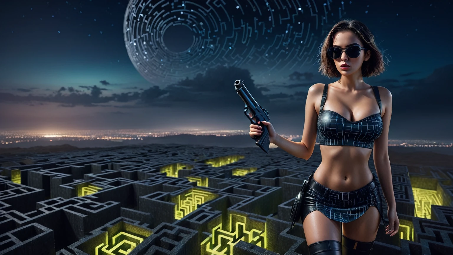 Aerial view. sci-fi outdoor maze background. Matrix style, at night, dark sky, (1girl, solo), photo realistic, large-breast:1.2 slim:0.9 body, cleavage:1.2, tube top, miniskirt, (matrix style black sunglasses), (holding a mini:1.1 pistol), half-body thigh level medium shot, cinematic lighting, ray tracing.