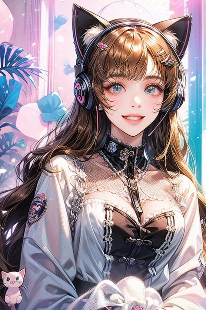 Girl wearing cat ear headphones、Background is white、smile、The whole thing goes in、Her hair color is brown.