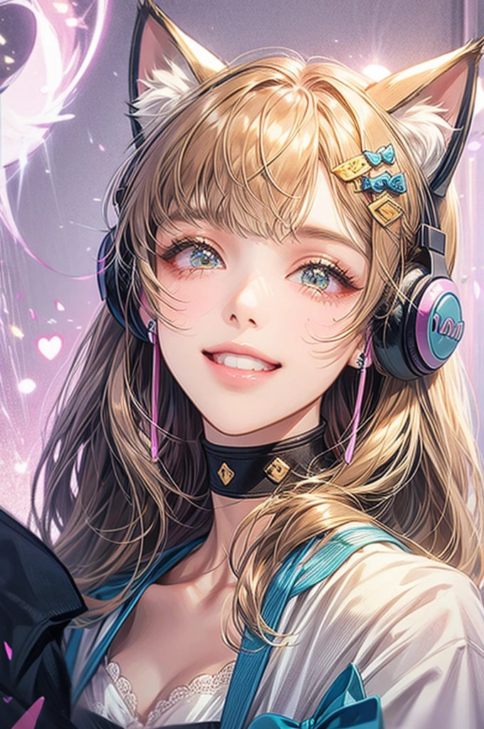 Girl wearing cat ear headphones、Background is white、smile、The whole thing goes in、Her hair color is brown.
