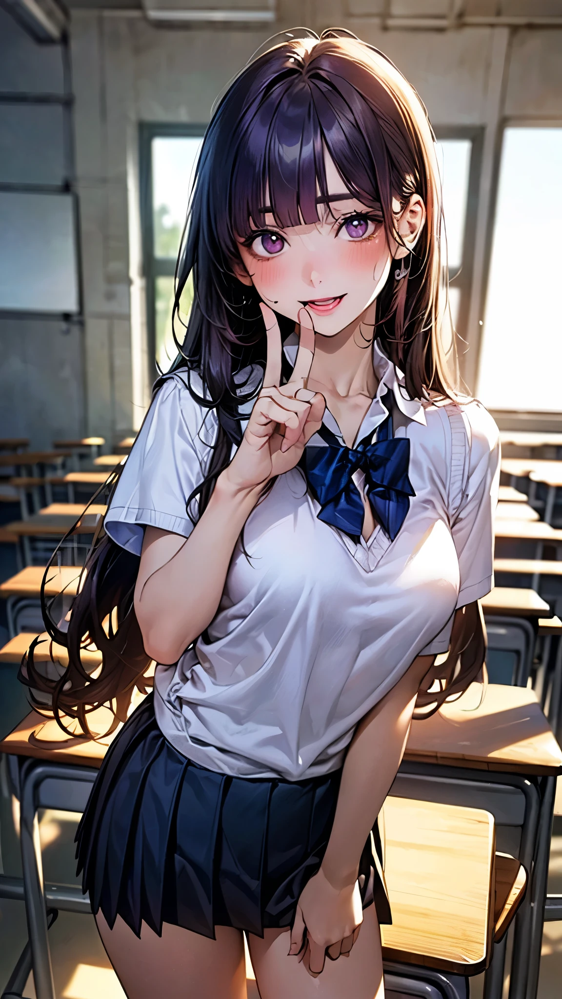 (masterpiece:1.2, top-quality), (realistic, photorealistic:1.4), beautiful illustration, (natural side lighting, movie lighting), depth of fields,
looking at viewer, upper body, face close-up, front view, 1 girl, , (perfect anatomy, anatomically correct, super detailed skin), cute and symmetrical face, perfect face, perfect eyes,
(long hair, straight hair:1.5, purple hair), blunt bangs, break brown eyes, big eyes, drooping eyes, long eye lasher, (medium breasts, seductive thighs), perfect body, shiny skin, pink skin,
beautiful detailed hair, beautiful detailed face, beautiful detailed eyes, beautiful clavicle, beautiful body, beautiful chest, beautiful thigh, beautiful legs, beautiful fingers,
(detailed cloth texture, break short sleeve white collared shirt, break (navy knit vest), break black pleated skirt, break dark green bow tie), break
(beautiful scenery), (school classroom:1.2), standing, ((index finger raised)), (laughing, (closed eye), blush, open mouth),