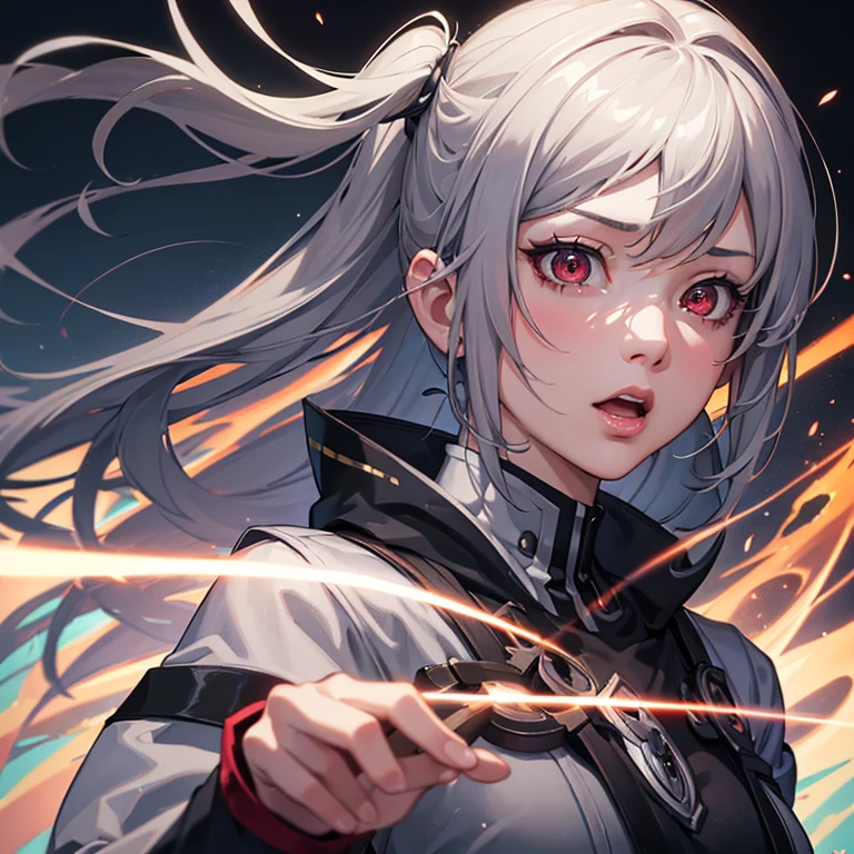 a beautiful anime-style girl with short gray/Gray Hair, Open your mouth, Red eyes, Very detailed顔と特徴, Very detailed chest, Multiple accessories, Multiple Angles, 高品質のCharacter Design, (Highest quality,4K,8k,High resolution,masterpiece:1.2),Very detailed,(Realistic,photoRealistic,photo-Realistic:1.37),Cinema Lighting,Vibrant colors,dramatic composition Red eyes, Side Up, Character Design画, 設定figure, 設定figure, Portraits, Character Design, anime, anime風, figure, 