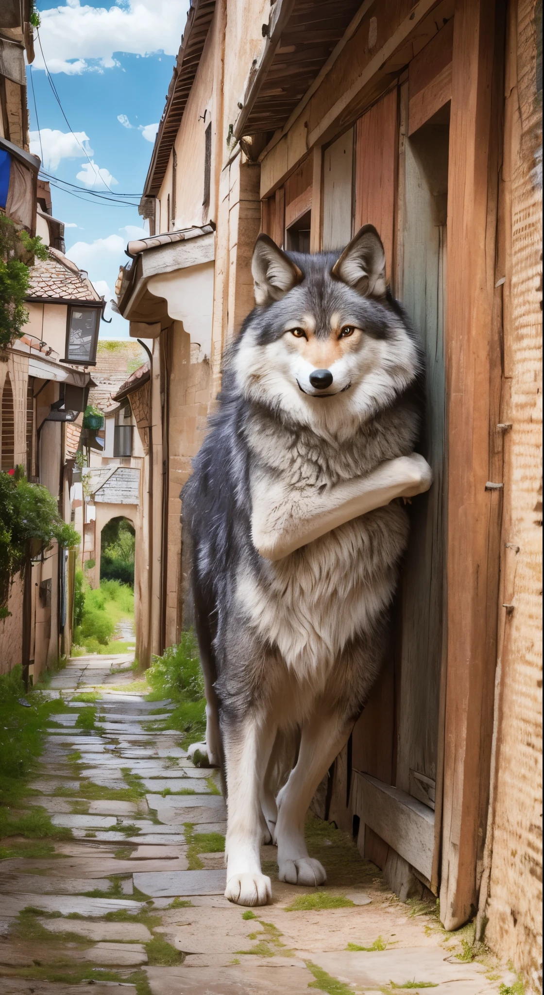 masterpiece,best quality,ultra-detailed,high resolution,extremely detailed,solo,fantasy,wolf beastman,boy,11-year-old boy,(straight, shorthair),blue eyes,cute face,furry,grey fur,fluffy neck hair,(adventure clothes, brown), barefoot, ultra-detailed fur,( five-fingered), big picture, outside, village,