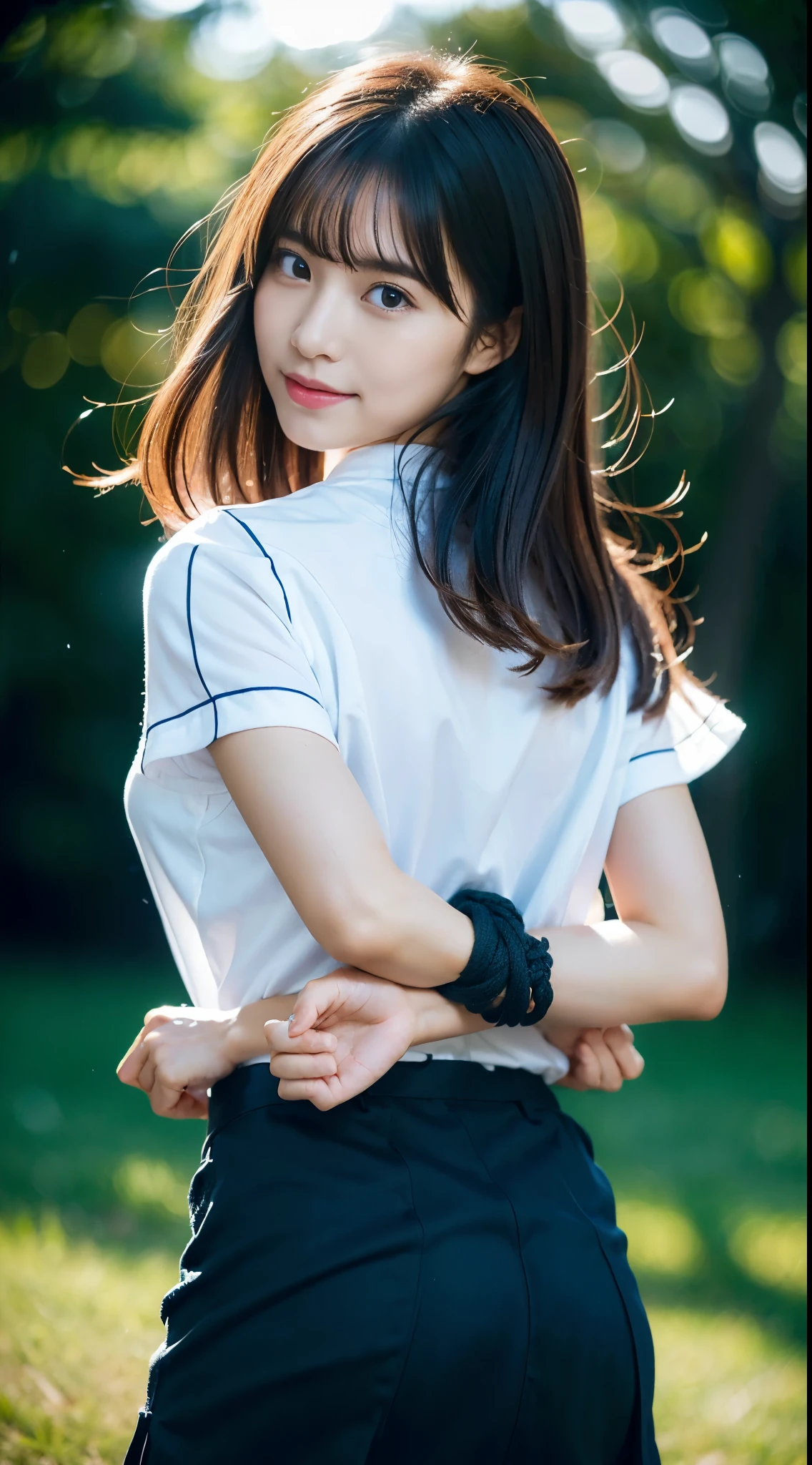 The woman has her hands tied、((Place your hands behind your back))、((Place your hands together and cross them behind your back))、(((Her wrists are tied with rope)))、shibari、beauty、20Year、university student、(anatomicaly, Has two arms and two hands)、Standing on a hill at night、There are a lot of trees、Beautiful night sky、There are many stars、A strong wind is blowing、Wearing a short-sleeved blouse、Wear a high school student-style miniskirt、Uniform eyes、Well-proportioned physique、Small breasts、Small face、(I can see from head to heel), Black Hair, bangs, swept bangs, Straight hair, Nervous, Messy Hair, Floating hair, Cinema Lighting, tachi-e, First-person view, throw, From behind, F/1.2, Nikon, Cowboy Shot, Surrealism, 超High resolution, Highest quality, High resolution, 8k, Textured skin, anatomicaly正しい体,