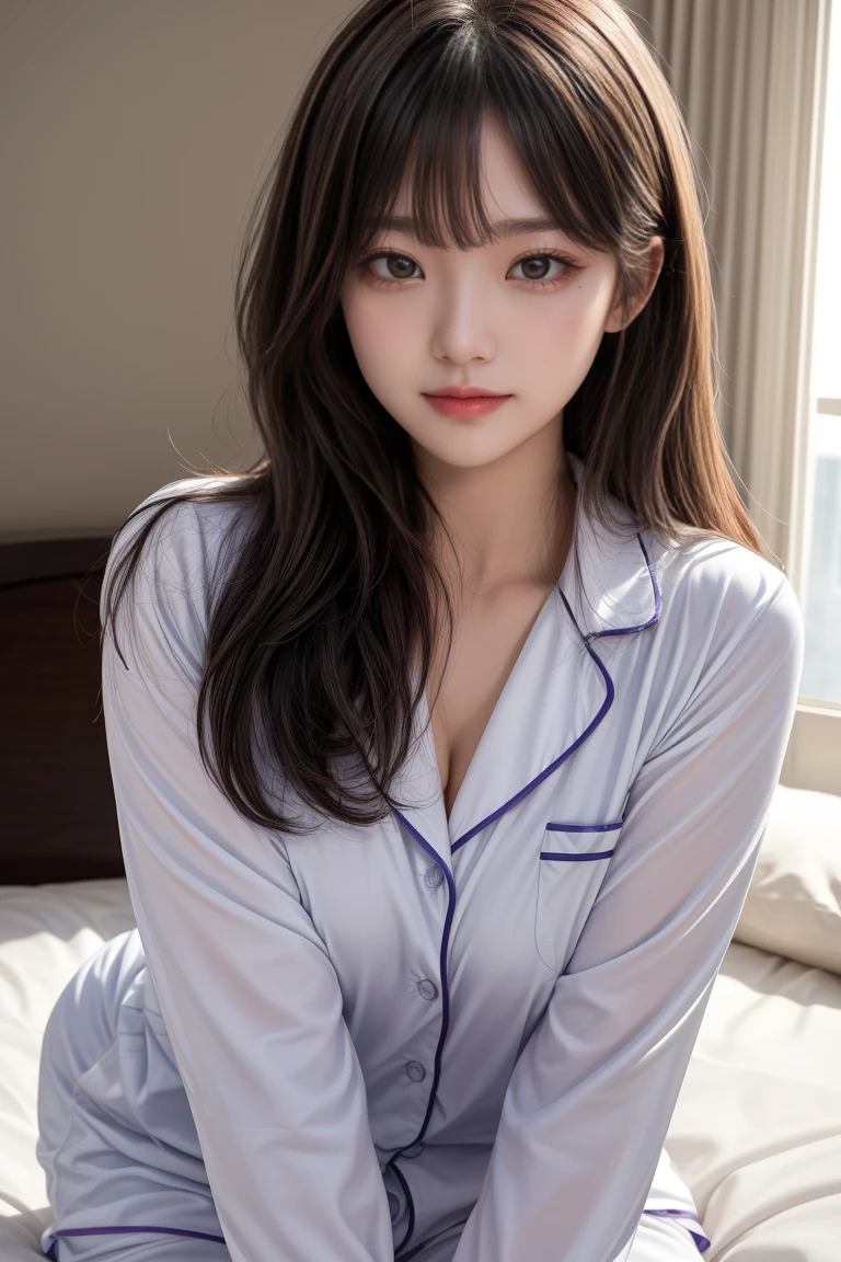 Slender women、Cute Woman、 8KUltra HD,Detailed face、Delicate texture, (Dynamic pose), To the camera, A light smile, Purple eyes, (Beautifully detailed face, Beautiful attention to detail), Eye-level shot, Ultra HD, masterpiece, White skin, 4K, Highest quality,One person,Open your mouth.,close your eyes,Wearing sexy pajamas,On the bed,Moaning