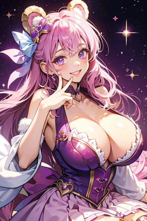 A purple girl Num with a wide opened smile. She has a heart shaped patch around her right eye. She has glitter all over herself and heart shaped bear ears adorned with pink bows. SPARKLE; GLITTER