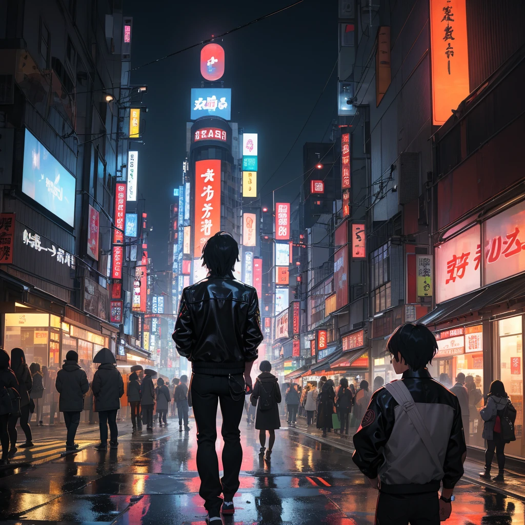 Amidst the bustling streets of Tokyo, Taro Sato stood at the edge of Shibuya Crossing, watching the sea of people surge forward as the lights changed. Neon signs cast a kaleidoscope of colors on the sleek glass façades of the towering skyscrapers, their reflections dancing in the puddles left by a recent rain. The cacophony of electronic advertisements, distant train announcements, and snippets of conversations created a symphony unique to this city.

From behind, Taro’s figure blended into the urban landscape—a black leather jacket hugging his broad shoulders, slightly tousled hair catching the light from a nearby LED billboard, and a pair of well-worn sneakers grounding him in the reality of the moment. His posture was relaxed yet purposeful, suggesting someone who belonged to this city yet held a secret close to his heart.

As he stepped off the curb, the rhythmic pulse of Tokyo enveloped him. Taro moved with the crowd, yet his eyes remained sharp, scanning the myriad of faces and signs. He paused briefly at a small alleyway, where the frenetic energy of the main streets gave way to a quiet ramen shop, its warm glow offering a moment of respite. Here, in this juxtaposition of chaos and calm, Taro felt the heartbeat of Tokyo and knew he was exactly where he needed to be.