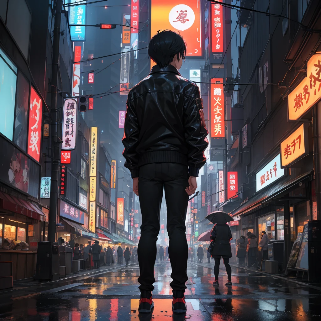 Amidst the bustling streets of Tokyo, Taro Sato stood at the edge of Shibuya Crossing, watching the sea of people surge forward as the lights changed. Neon signs cast a kaleidoscope of colors on the sleek glass façades of the towering skyscrapers, their reflections dancing in the puddles left by a recent rain. The cacophony of electronic advertisements, distant train announcements, and snippets of conversations created a symphony unique to this city.

From behind, Taro’s figure blended into the urban landscape—a black leather jacket hugging his broad shoulders, slightly tousled hair catching the light from a nearby LED billboard, and a pair of well-worn sneakers grounding him in the reality of the moment. His posture was relaxed yet purposeful, suggesting someone who belonged to this city yet held a secret close to his heart.

As he stepped off the curb, the rhythmic pulse of Tokyo enveloped him. Taro moved with the crowd, yet his eyes remained sharp, scanning the myriad of faces and signs. He paused briefly at a small alleyway, where the frenetic energy of the main streets gave way to a quiet ramen shop, its warm glow offering a moment of respite. Here, in this juxtaposition of chaos and calm, Taro felt the heartbeat of Tokyo and knew he was exactly where he needed to be.