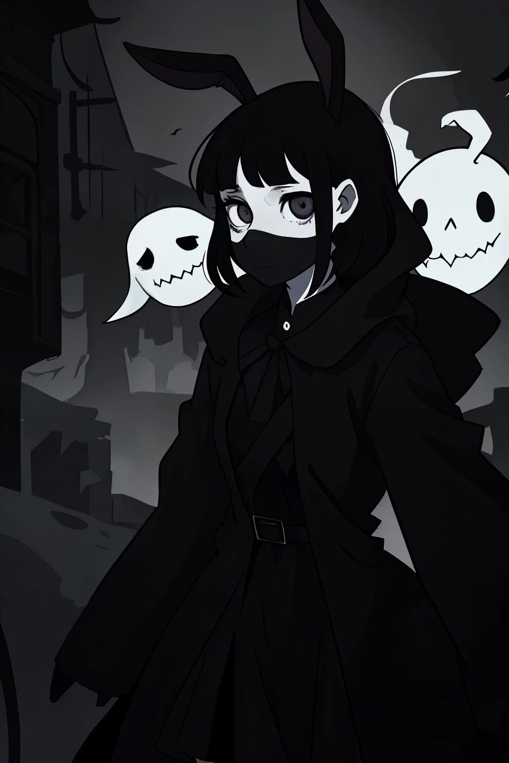 In the realm of grimdark art, there exists a chilling depiction of a cartoon drawing of a girl. Dressed in a stark black dress and coat, her silhouette is accentuated against the ominous background. Her gapmoe yandere features are exaggerated, with a pair of large, deep-set black eyes, shaped like ( ( deep black eyes ) ), that seem to pierce the very soul. A series of long, floppy rabbit ears adorn her head, adding an unsettling twist to her already eerie appearance.
The girl is a pale young ghost, her ethereal form barely discernible in the dimly lit, faceless world of dark,