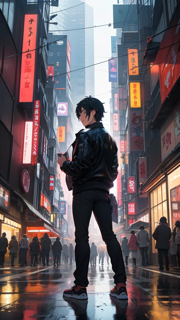Amidst the bustling streets of Tokyo, Taro Sato stood at the edge of Shibuya Crossing, watching the sea of people surge forward as the lights changed. Neon signs cast a kaleidoscope of colors on the sleek glass façades of the towering skyscrapers, their reflections dancing in the puddles left by a recent rain. The cacophony of electronic advertisements, distant train announcements, and snippets of conversations created a symphony unique to this city.

From behind, Taro’s figure blended into the urban landscape—a black leather jacket hugging his broad shoulders, slightly tousled hair catching the light from a nearby LED billboard, and a pair of well-worn sneakers grounding him in the reality of the moment. His posture was relaxed yet purposeful, suggesting someone who belonged to this city yet held a secret close to his heart.

As he stepped off the curb, the rhythmic pulse of Tokyo enveloped him. Taro moved with the crowd, yet his eyes remained sharp, scanning the myriad of faces and signs. He paused briefly at a small alleyway, where the frenetic energy of the main streets gave way to a quiet ramen shop, its warm glow offering a moment of respite. Here, in this juxtaposition of chaos and calm, Taro felt the heartbeat of Tokyo and knew he was exactly where he needed to be.