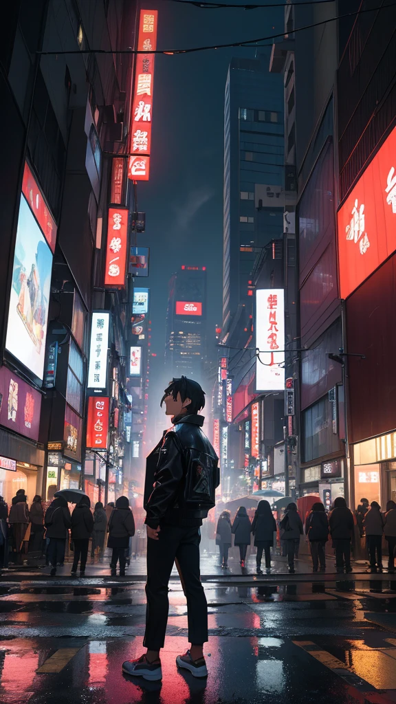 Amidst the bustling streets of Tokyo, Taro Sato stood at the edge of Shibuya Crossing, watching the sea of people surge forward as the lights changed. Neon signs cast a kaleidoscope of colors on the sleek glass façades of the towering skyscrapers, their reflections dancing in the puddles left by a recent rain. The cacophony of electronic advertisements, distant train announcements, and snippets of conversations created a symphony unique to this city.

From behind, Taro’s figure blended into the urban landscape—a black leather jacket hugging his broad shoulders, slightly tousled hair catching the light from a nearby LED billboard, and a pair of well-worn sneakers grounding him in the reality of the moment. His posture was relaxed yet purposeful, suggesting someone who belonged to this city yet held a secret close to his heart.

As he stepped off the curb, the rhythmic pulse of Tokyo enveloped him. Taro moved with the crowd, yet his eyes remained sharp, scanning the myriad of faces and signs. He paused briefly at a small alleyway, where the frenetic energy of the main streets gave way to a quiet ramen shop, its warm glow offering a moment of respite. Here, in this juxtaposition of chaos and calm, Taro felt the heartbeat of Tokyo and knew he was exactly where he needed to be.
