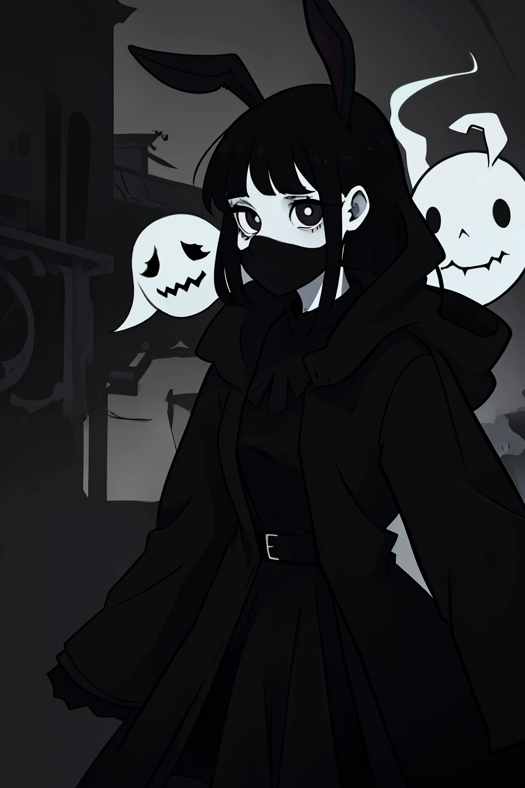 In the realm of grimdark art, there exists a chilling depiction of a cartoon drawing of a girl. Dressed in a stark black dress and coat, her silhouette is accentuated against the ominous background. Her gapmoe yandere features are exaggerated, with a pair of large, deep-set black eyes, shaped like ( ( deep black eyes ) ), that seem to pierce the very soul. A series of long, floppy rabbit ears adorn her head, adding an unsettling twist to her already eerie appearance.

The girl is a pale young ghost, her ethereal form barely discernible in the dimly lit, faceless world of dark,