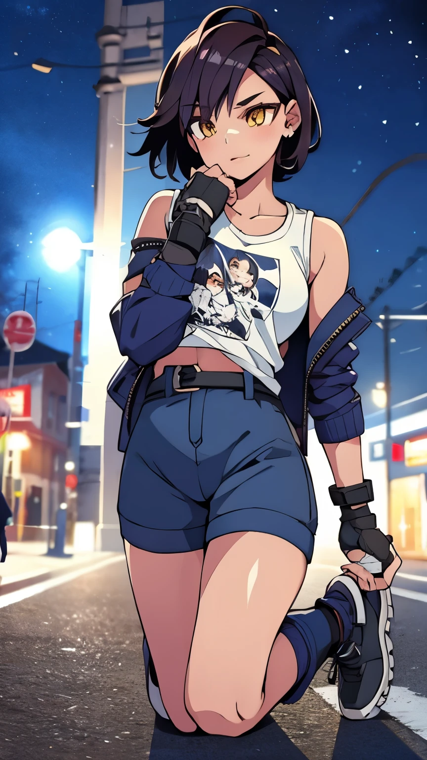 street dancer, short hair, brown hair, yellow glowing eyes, perfect lips, cute expression, cute face, cute pose, fingerless gloves, gun, tank top, jacket, cute pose, ultra detailed face, long eyelashes, sharp eyes , Fullbody shot, dinamic viewer, night sky, variuos adornment
