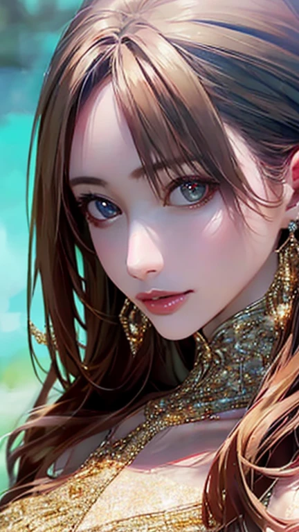 (Highest quality、8k、32K、masterpiece)、(Realistic)、(Realistic:1.2)、(High resolution)、Very detailed、Very beautiful face and eyes、1 girl、Round and small face、Tight waist、Delicate body、(close、Highest quality、Attention to detail、Rich skin detail)、(Highest quality、8k、Oil paints:1.2)、Very detailed、(Realistic、Realistic:1.37)、Bright colors