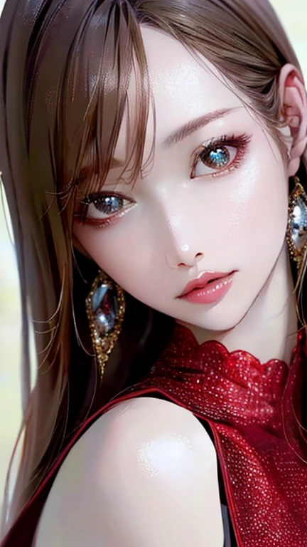 (Highest quality、8k、32K、masterpiece)、(Realistic)、(Realistic:1.2)、(High resolution)、Very detailed、Very beautiful face and eyes、1 girl、Round and small face、Tight waist、Delicate body、(close、Highest quality、Attention to detail、Rich skin detail)、(Highest quality、8k、Oil paints:1.2)、Very detailed、(Realistic、Realistic:1.37)、Bright colors
