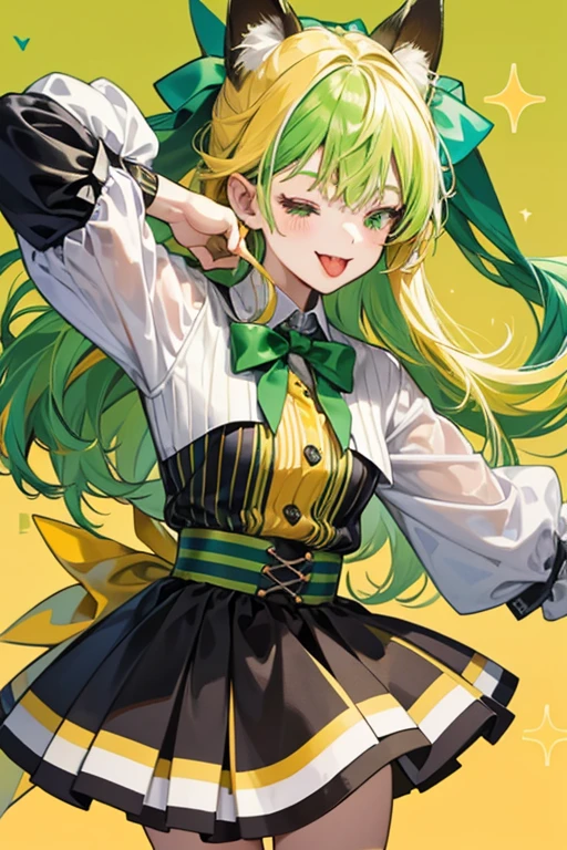 A multi-colored striped girl Num with her eyes closed and her tongue sticking out, one stripe is yellow-green, while the other two is grassy green. She has dog ears and a green-yellow Bow. SPARKLE; GLITTER