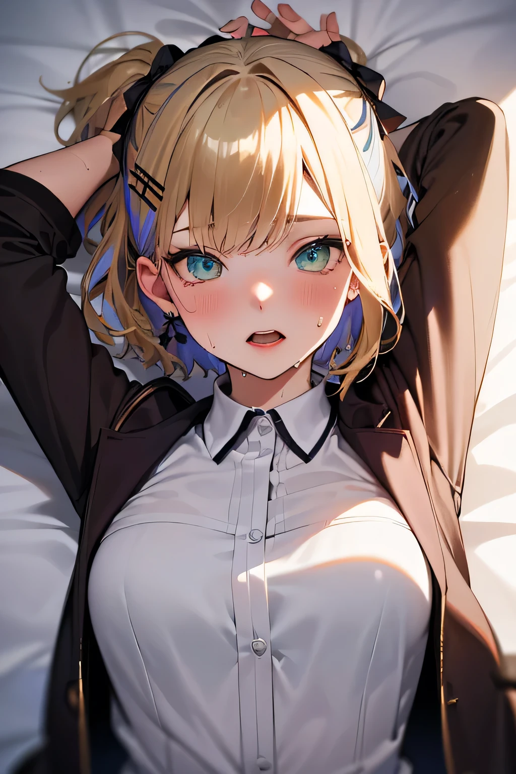 masterpiece,Very detailed,Highest quality, Absurd:2.0,Realistic, unity 8k wallpaper, Realistic Face, Realistic texture ,Detailed Hair, Very detailed, Realistic glistening skin, Perfect Face, Attractive face,
(From above:1.3),(Upper Body:1.2), One girl, alone,
Walnut Noah,Hair Clip, hair ornaments, Off-the-shoulder jacket, shirt,bow, jewelry,Armpit hair and shoulders exposed,sleeveless shirt,
blush,(Embarrassing:1.5),Open your mouth,
(Place your arms behind your head:1.5),
(Lie down in bed,behind,Lie in:1.5),
(vapor,breathe:1.5),(Sweat:1.5),(Glowing Skin:1.5),