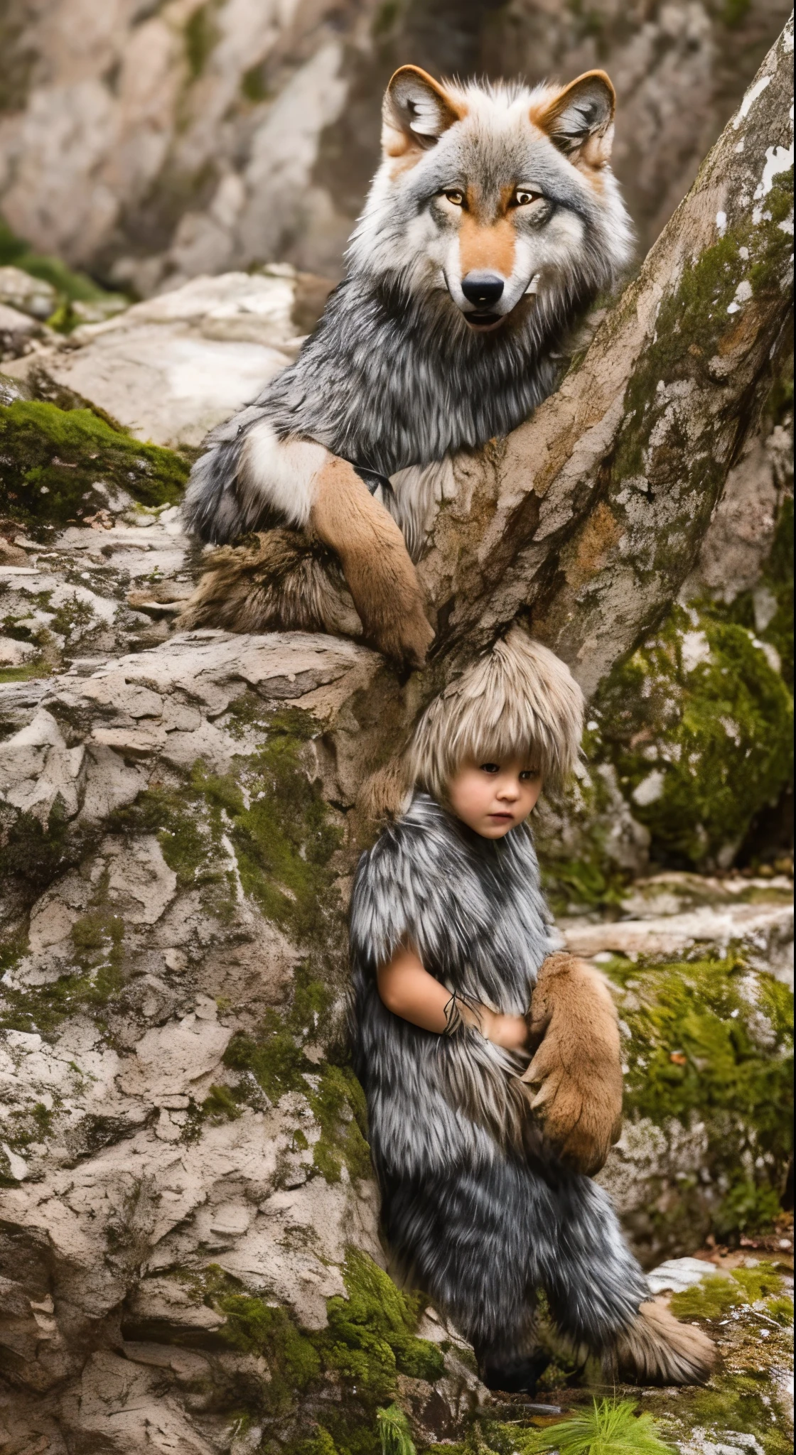 masterpiece,best quality,ultra-detailed,high resolution,extremely detailed,solo,fantasy,wolf beastman,boy,11-year-old boy,(straight, shorthair),blue eyes,cute face,furry,grey fur,fluffy neck hair,(adventure clothes, brown), barefoot, ultra-detailed fur,( five-fingered), big picture, outside, village,