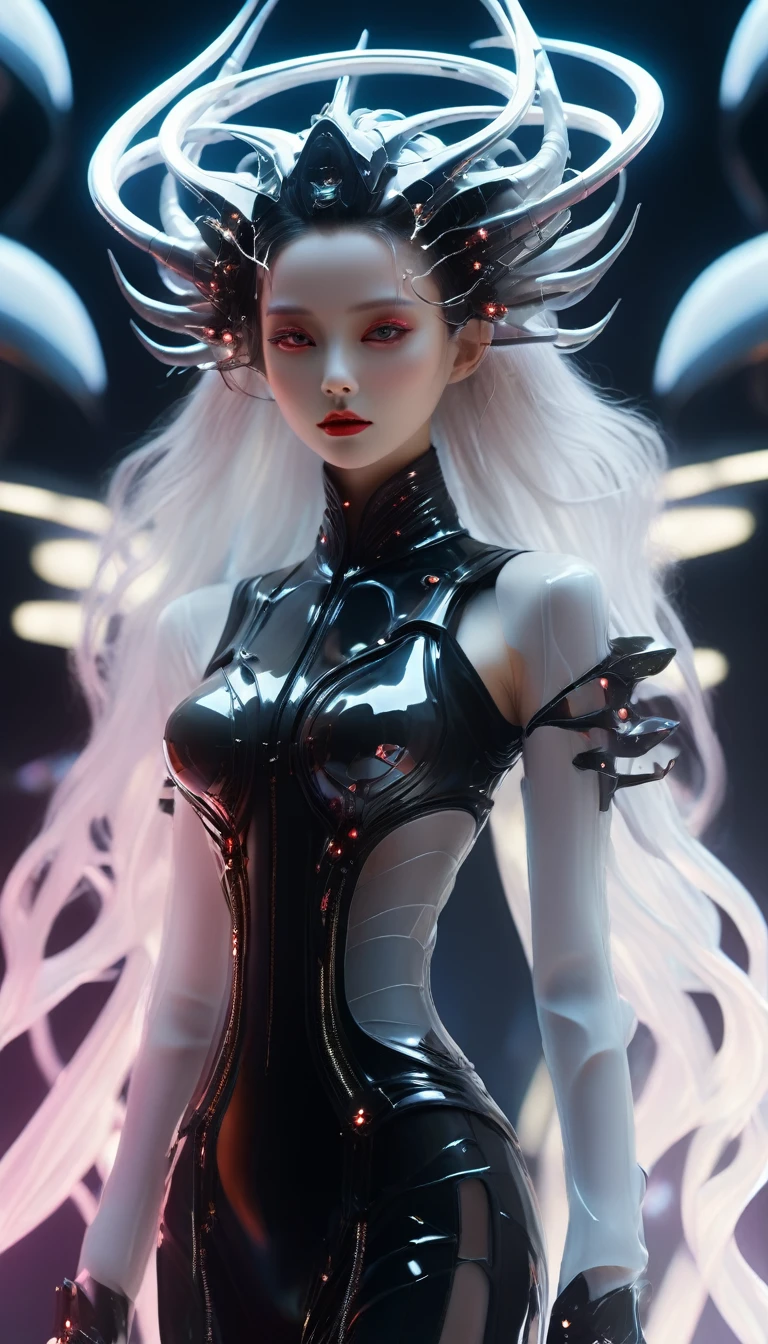 Alien Technology Fashion Runway , Vogue Photos , Inspired by Chinese fairy tales and cyberpunk。(Highest quality,4K,8k,High resolution,masterpiece:1.2), (Realistic,Realistic,Photorealistic:1.37).