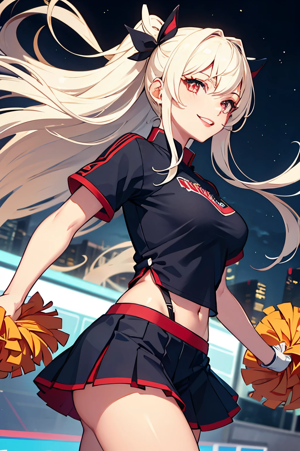 Cheerleader, cute woman, holding down a katana, big smile, expressive, simple nightscape, confident smile, ultra detailed face, better quality, perfect eyes Blue, glowing eyes, long eyelashes, sharp eyes, ultra detailed face, ultra long hair, ultra detailed hair, ultra detailed hair strands, catwalk, walking down the streets, night, starry Sky, ultra detailed lips, Red lips,