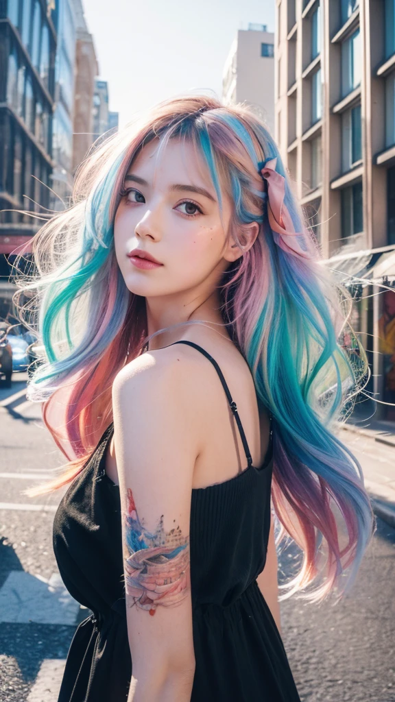 background tall building graffiti,((8k, best quality, masterpiece:1.1)),(best quality:1),(ultra highres:1),watercolor,a beautiful woman,hair ribbons,by agnes cecile,half body portrait,extremely luminous bright design,pastel colors,(ink:1.3),autumn lights,