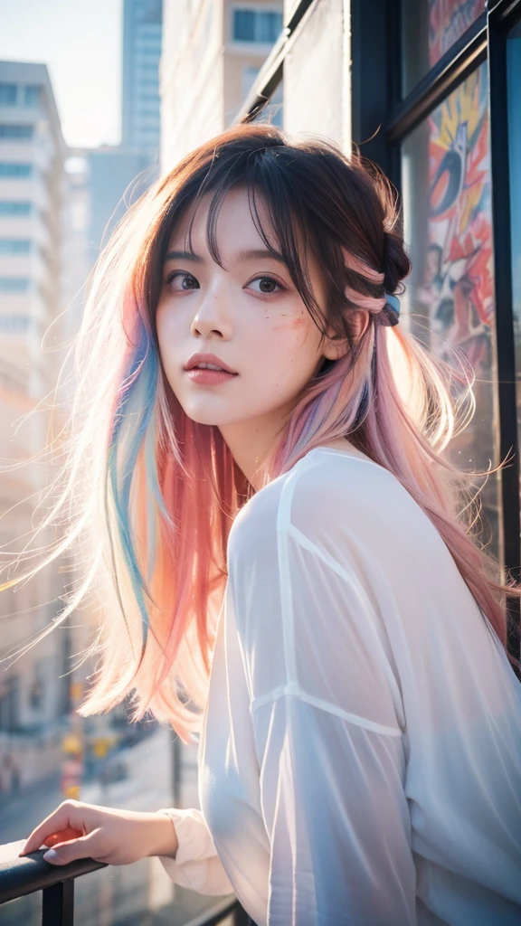 background tall building graffiti,((8k, best quality, masterpiece:1.1)),(best quality:1),(ultra highres:1),watercolor,a beautiful woman,hair ribbons,by agnes cecile,half body portrait,extremely luminous bright design,pastel colors,(ink:1.3),autumn lights,