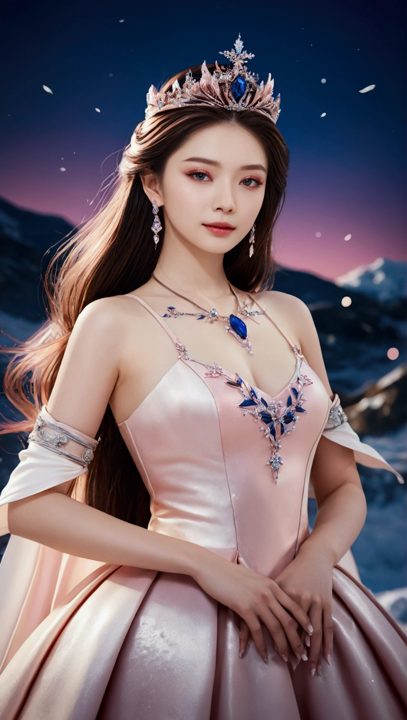 There was a woman in a pink dress，Wearing a necklace,((a beautiful fantasy empress).inspired by Sim Sa-jeong，Azure.detailed hairs,winter princess,LCE Princess,Guvez-Steville artwork,8K)),fantasy aesthetic!.Guviz,Ice Queen,8k high-quality detailed art.