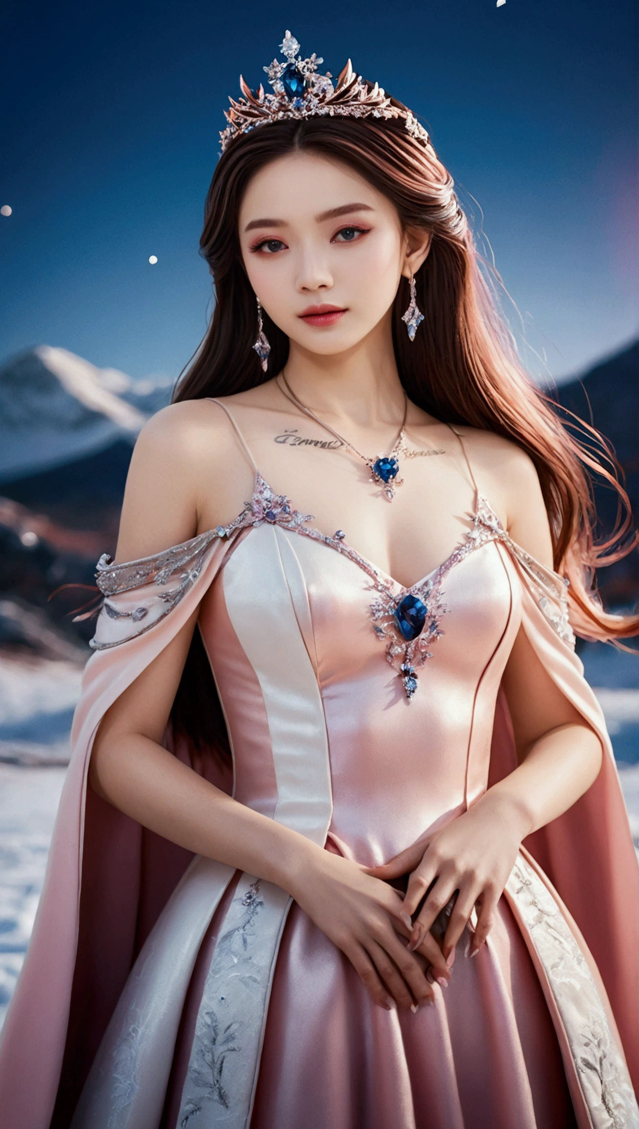 There was a woman in a pink dress，Wearing a necklace,((a beautiful fantasy empress).inspired by Sim Sa-jeong，Azure.detailed hairs,winter princess,LCE Princess,Guvez-Steville artwork,8K)),fantasy aesthetic!.Guviz,Ice Queen,8k high-quality detailed art.