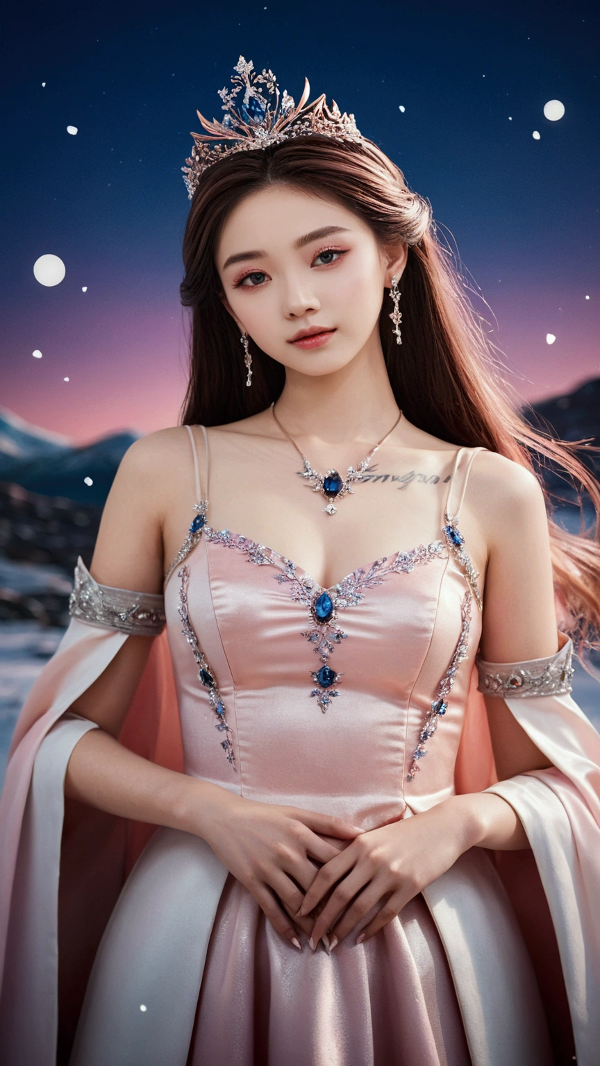 There was a woman in a pink dress，Wearing a necklace,((a beautiful fantasy empress).inspired by Sim Sa-jeong，Azure.detailed hairs,winter princess,LCE Princess,Guvez-Steville artwork,8K)),fantasy aesthetic!.Guviz,Ice Queen,8k high-quality detailed art.