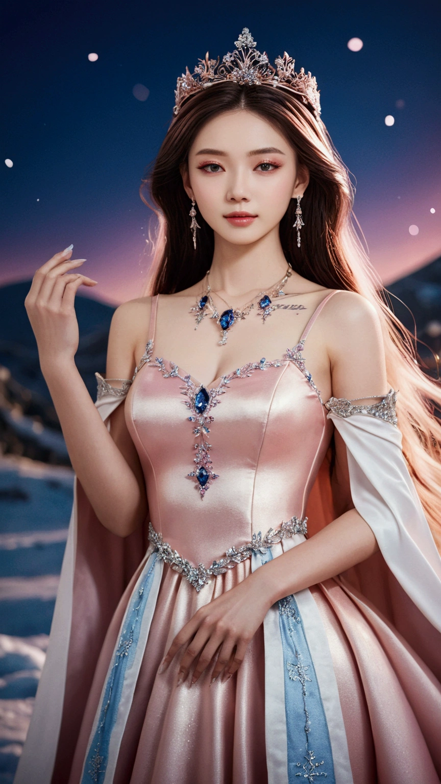 There was a woman in a pink dress，Wearing a necklace,((a beautiful fantasy empress).inspired by Sim Sa-jeong，Azure.detailed hairs,winter princess,LCE Princess,Guvez-Steville artwork,8K)),fantasy aesthetic!.Guviz,Ice Queen,8k high-quality detailed art.